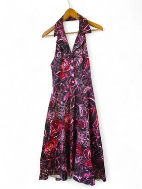 Alyn Paige 90s Y2K Black and Pink Floral Patterned Halter Dress 11/12